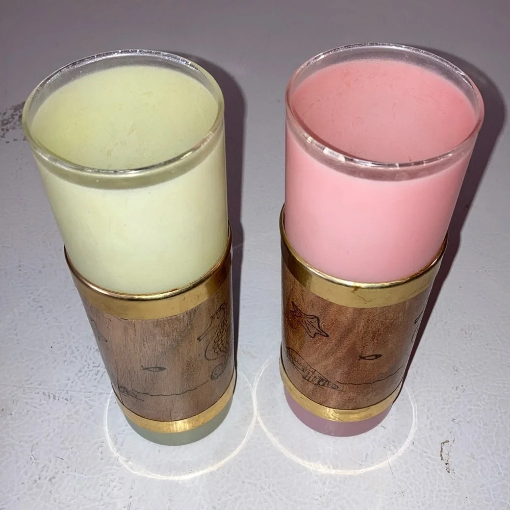 Libbey Palm Royale Tall MCM Frosted Glasses W/ Wood Tiki Bands Gold Pink Green